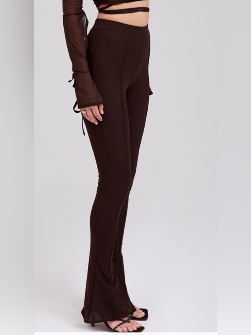 Mistress Rock Mesh Split Flare Trousers Leggings - Cocoa